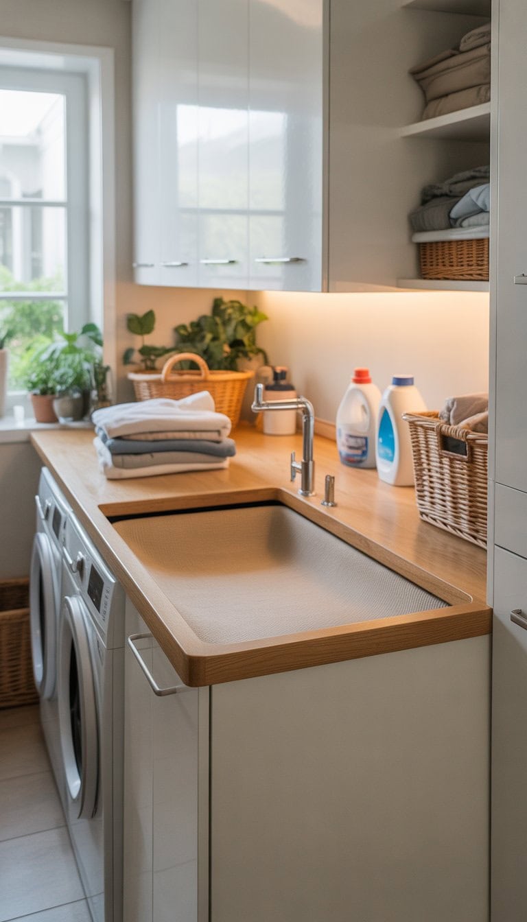 A bright laundry room with a built-in cushioned countertop seat for folding clothes, surrounded by white cabinets, laundry baskets, folded clothes, and potted plants.