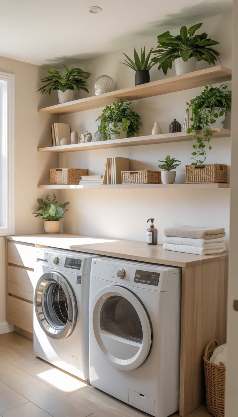 Laundry room with floating shelves holding plants and décor above washing machine and dryer.