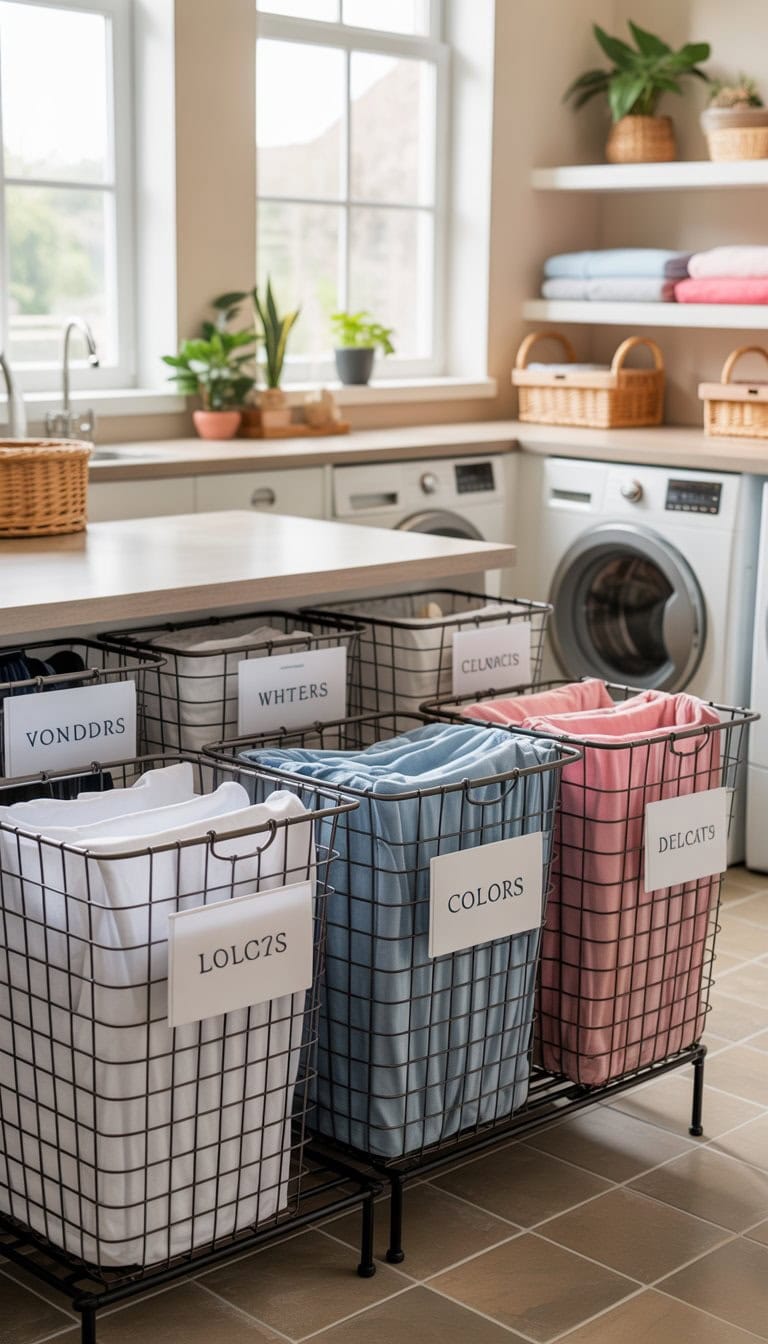 A tidy laundry room with wire baskets used for sorting clothes, a washing machine and dryer, shelves with folded towels, and plants by a window.
