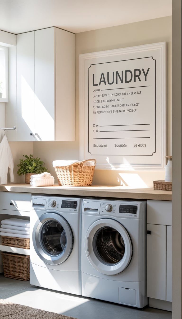 A clean and organized laundry room with a washing machine, dryer, countertop, baskets, and a blank wall space for a laundry instruction sign.