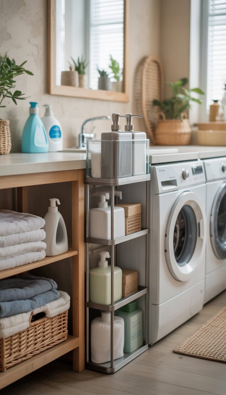 A clean laundry room with a soap dispenser station on the countertop, washing machine and dryer, shelves with laundry supplies, and natural light coming through a window.