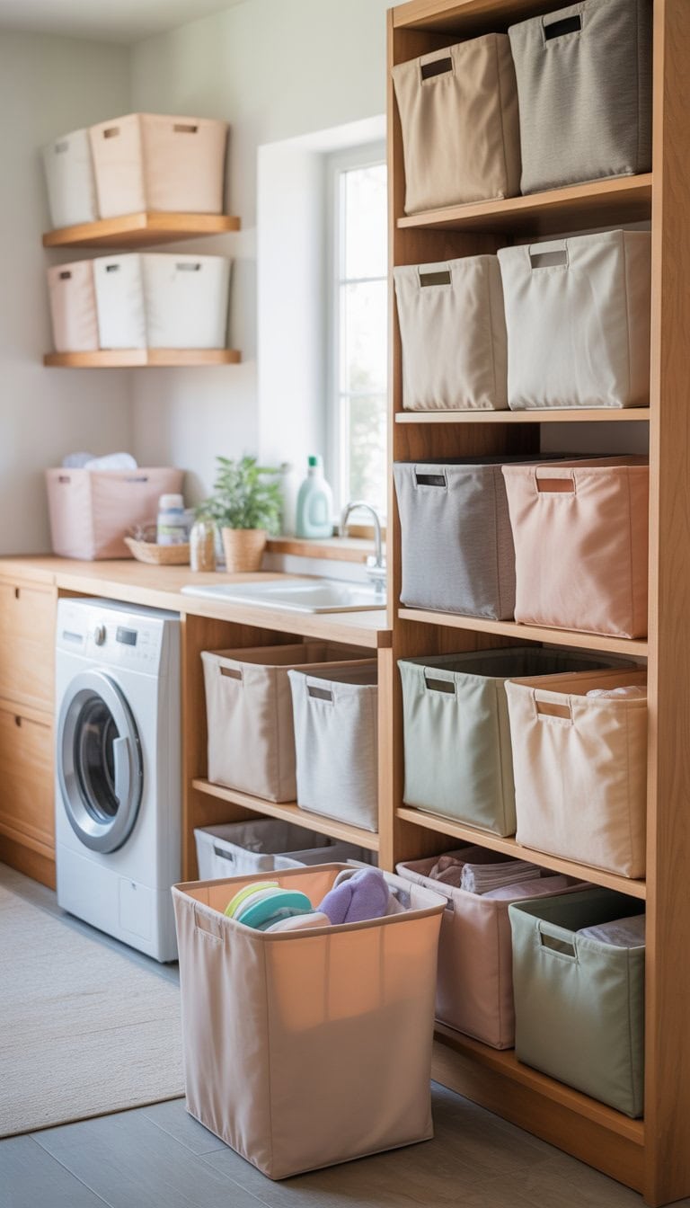 A clean and organized laundry room with fabric storage bins on shelves, a washing machine and dryer, and natural light coming through a window.