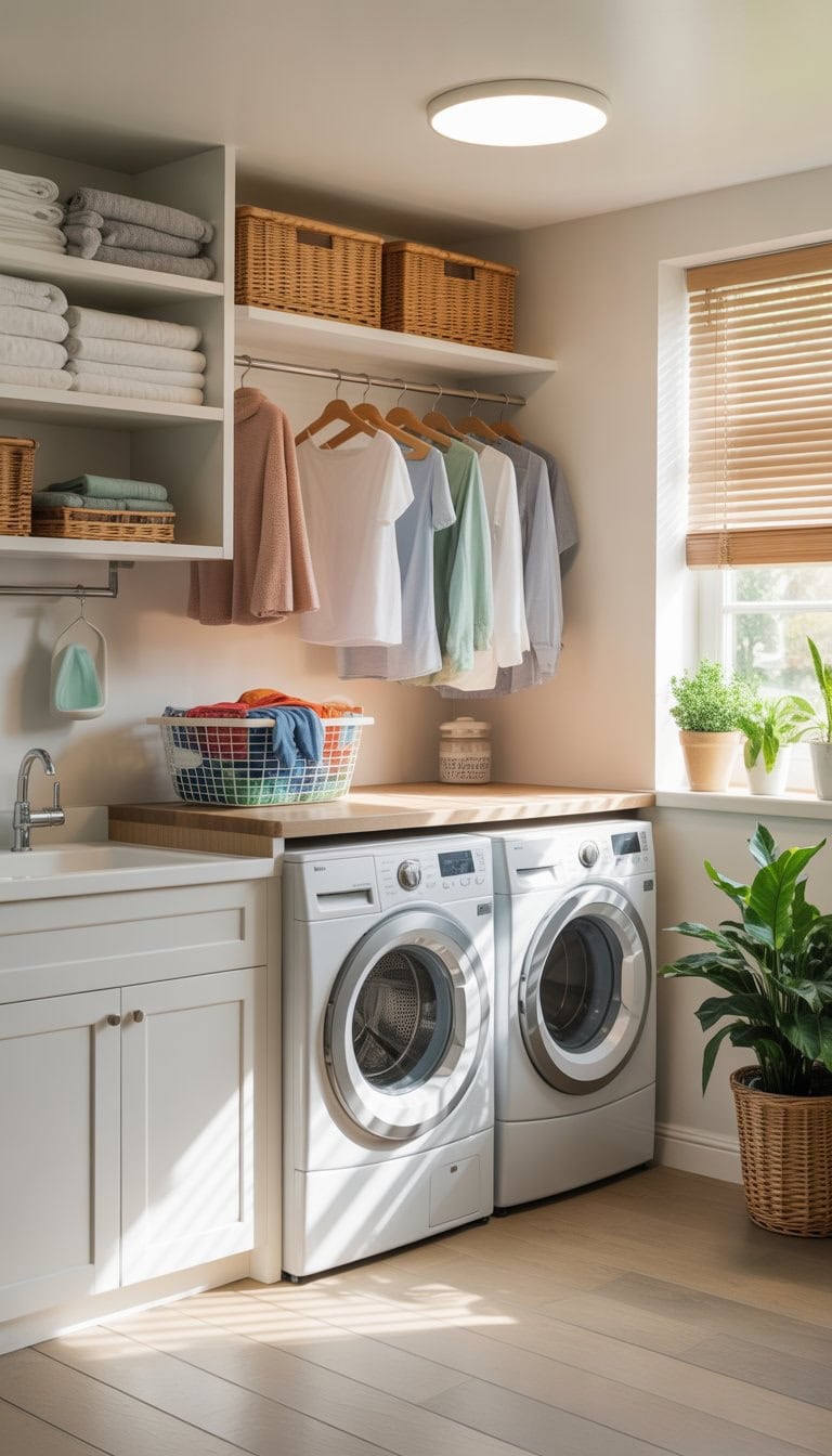 A clean and organized laundry room with a washing machine and dryer, white cabinets, open shelves with laundry supplies, a countertop for folding clothes, a hanging rod with clothes, and natural light coming through a window.