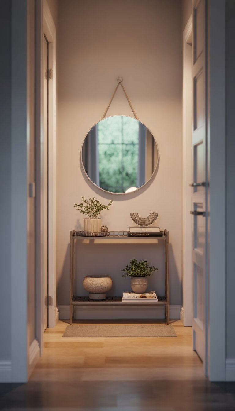 A small foyer entryway with a console table, decorative items, and a round mirror on the wall.