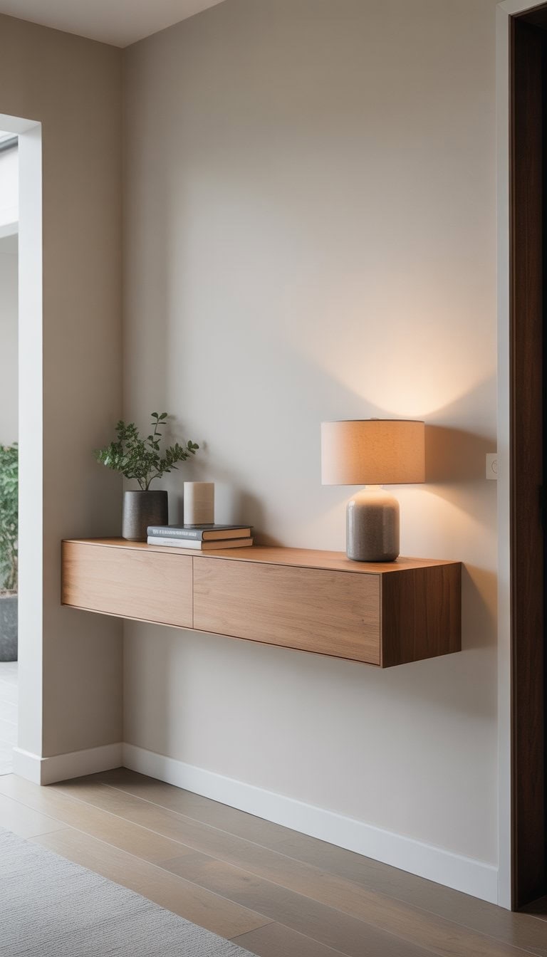 A small foyer with a slim floating console table mounted on an empty wall, decorated with a plant, books, and a lamp.