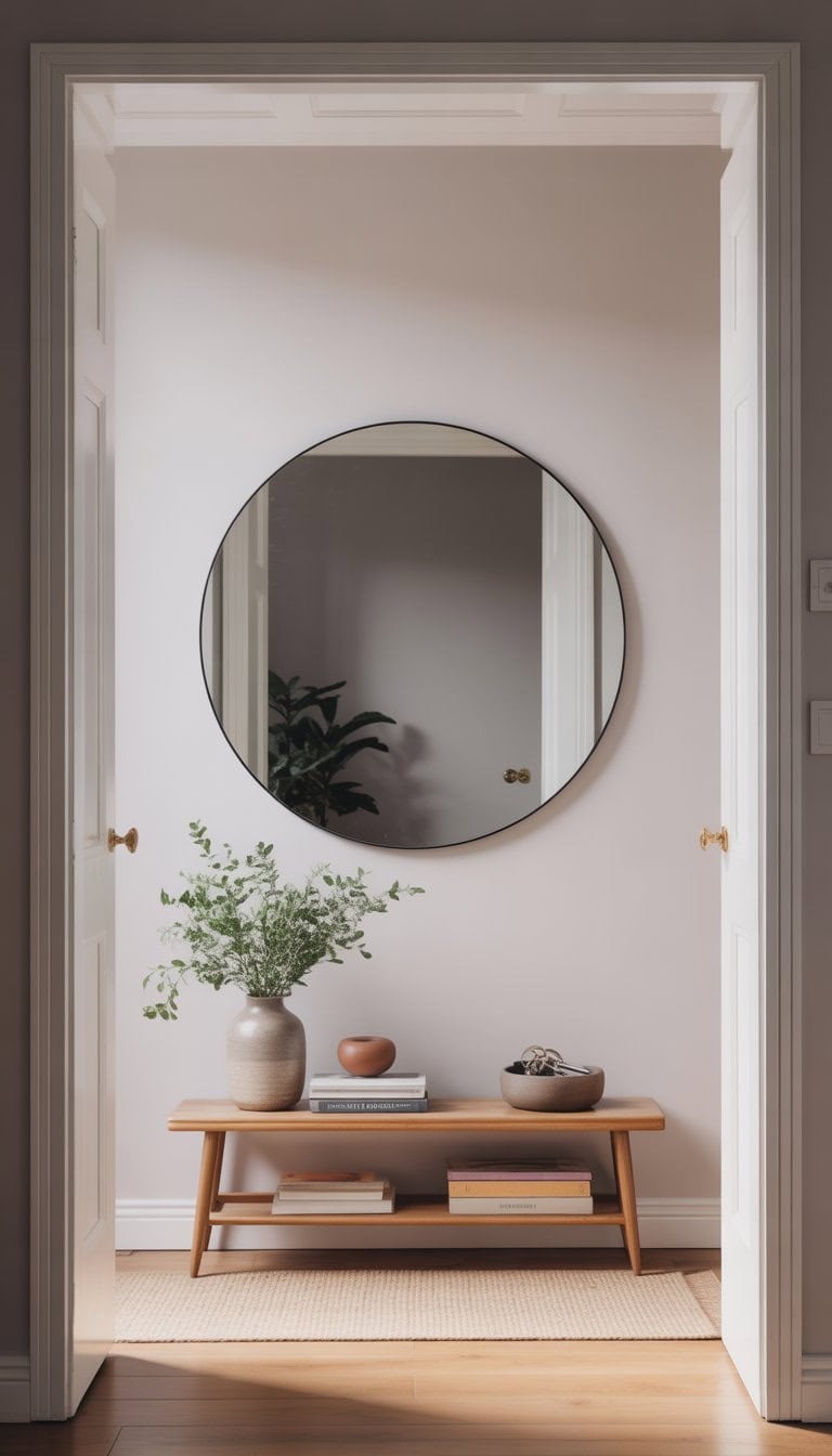 Small foyer with a large round mirror on the wall, a wooden console table with decorative items, and natural light filling the space.