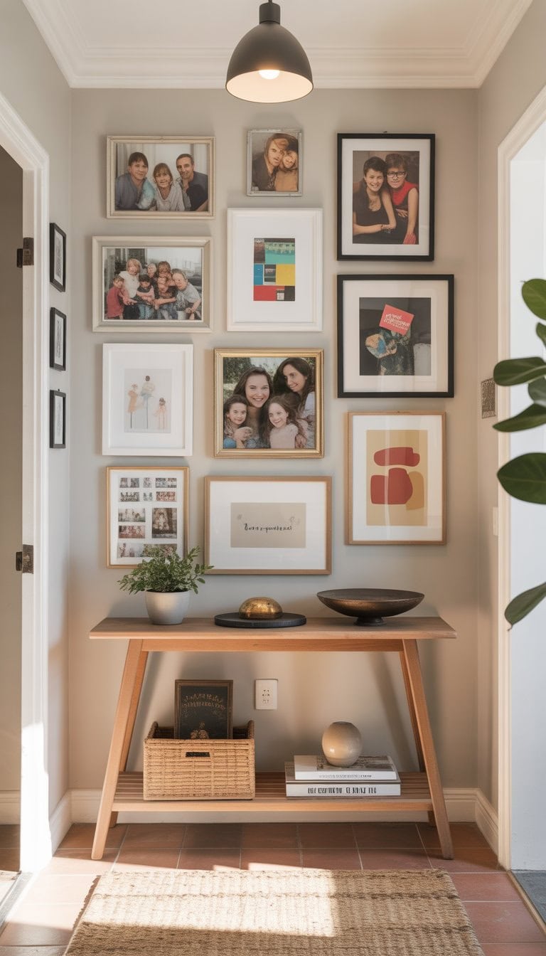 A small foyer with a gallery wall of family photos and artwork above a wooden console table decorated with a plant and books.