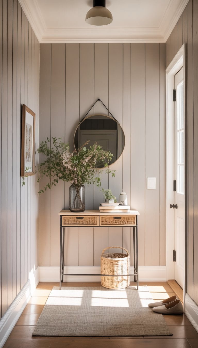 A small entryway with textured wooden wall panels, a console table with flowers, a round mirror, and natural light illuminating the space.
