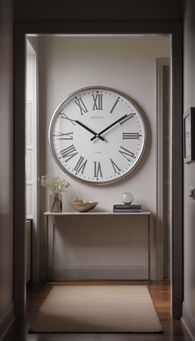 A small foyer entryway with an oversized wall clock mounted above a console table decorated with flowers and books.