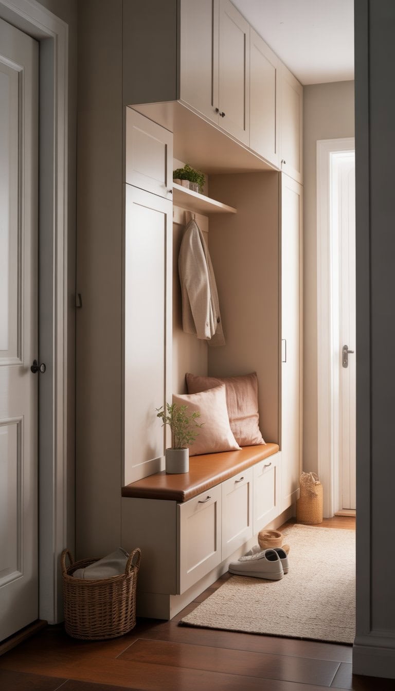 A small built-in bench with storage underneath in a bright foyer entryway, featuring cushions on the seat and storage compartments below.