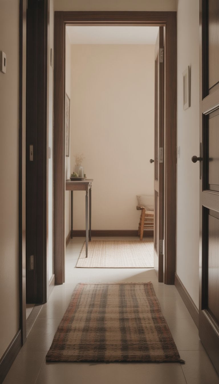 A small foyer entryway with a narrow rug runner placed on the floor to define the space.