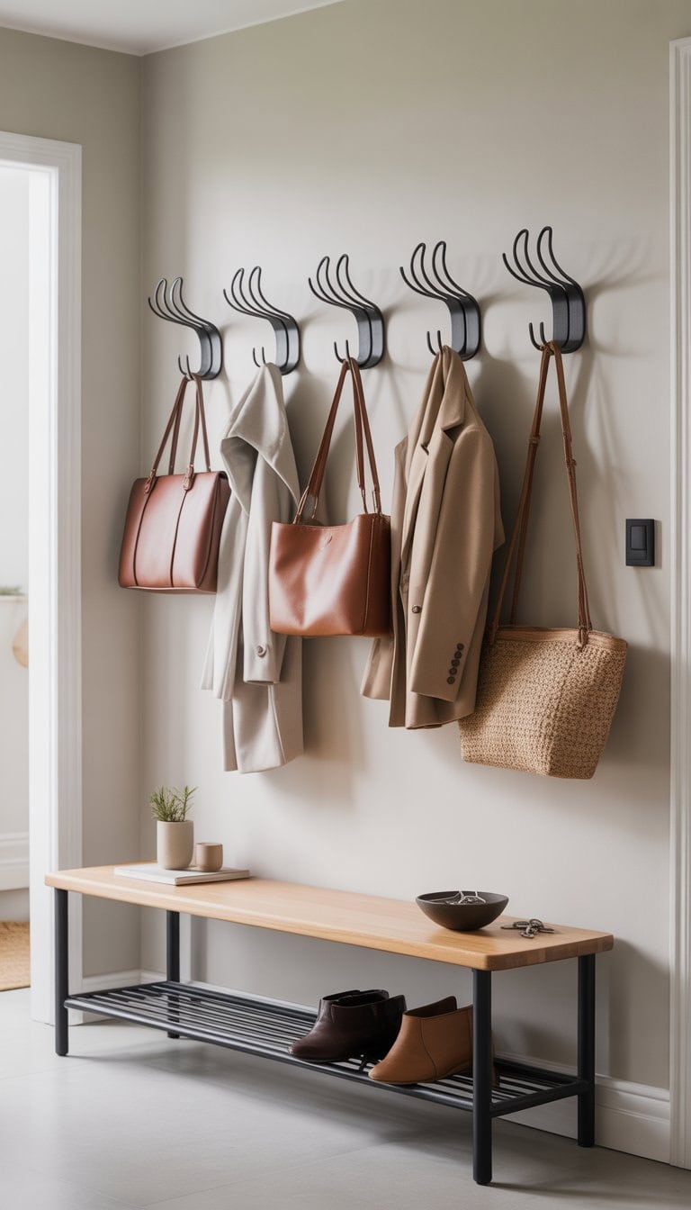 Entryway with decorative hooks on the wall holding bags and coats, a bench underneath, and a small plant on the table.