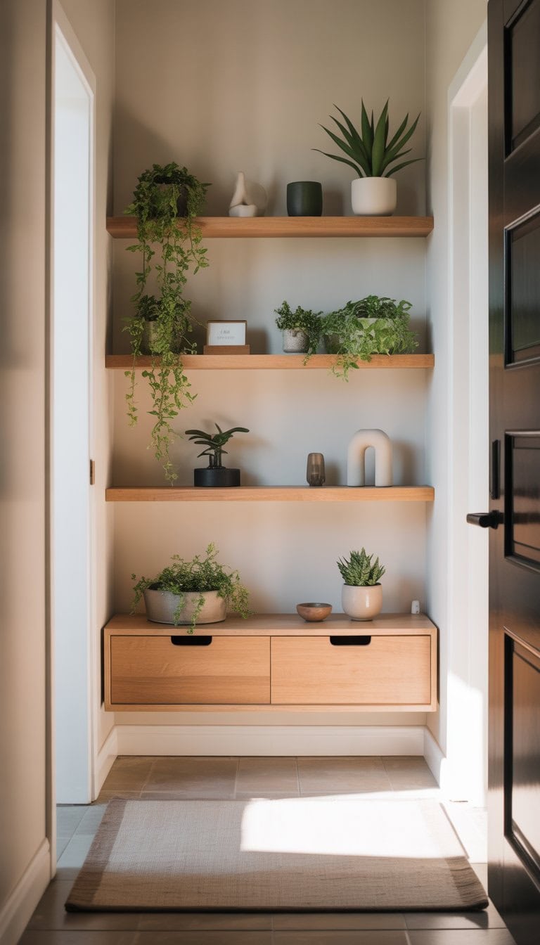 A small entryway with floating wooden shelves holding potted plants and small decorative items on a light wall.