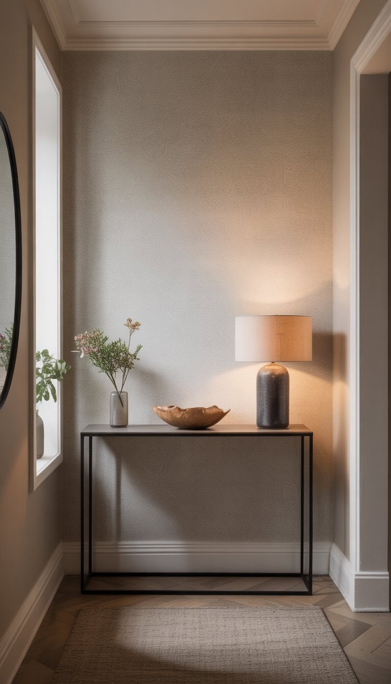 A small entryway with patterned wallpaper on an empty wall, a console table with a vase of flowers, a lamp, and a neutral rug on the floor.