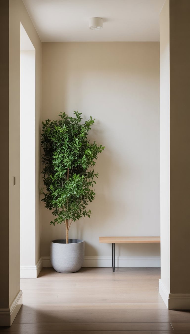A small foyer entryway with a tall green potted plant against an empty wall and a light wood floor.