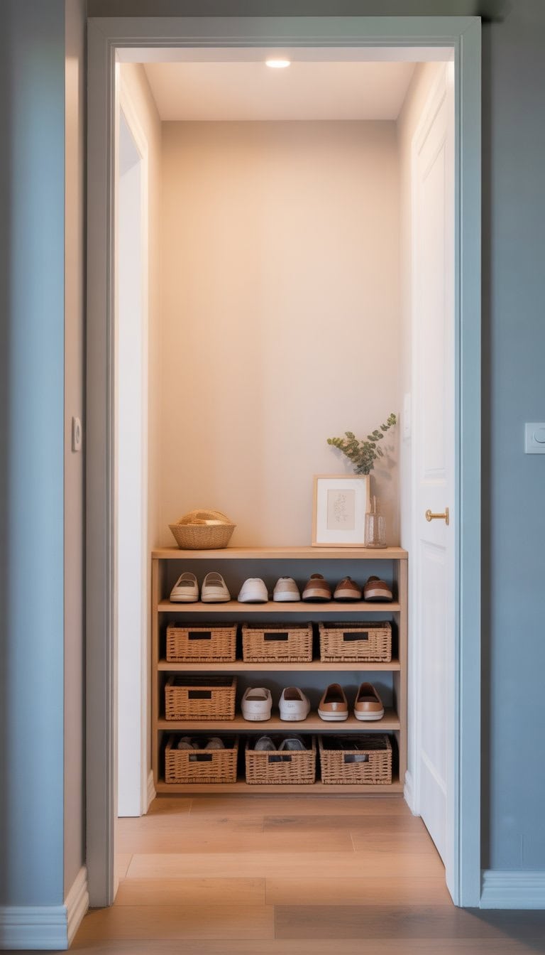 Small entryway with a slim wooden cabinet holding woven baskets for shoe storage against a neutral wall.