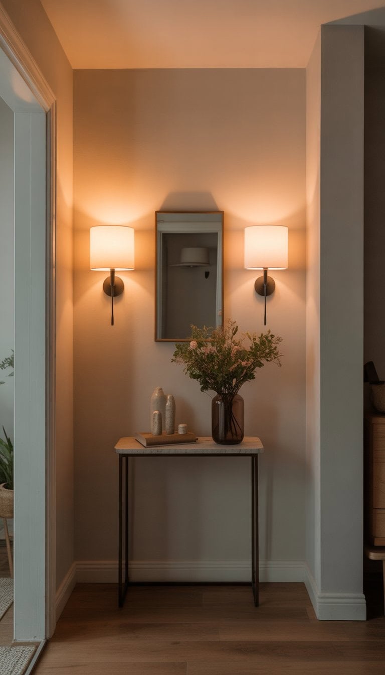 Small foyer entryway with a pair of wall sconces casting warm light above a console table decorated with flowers and decor.