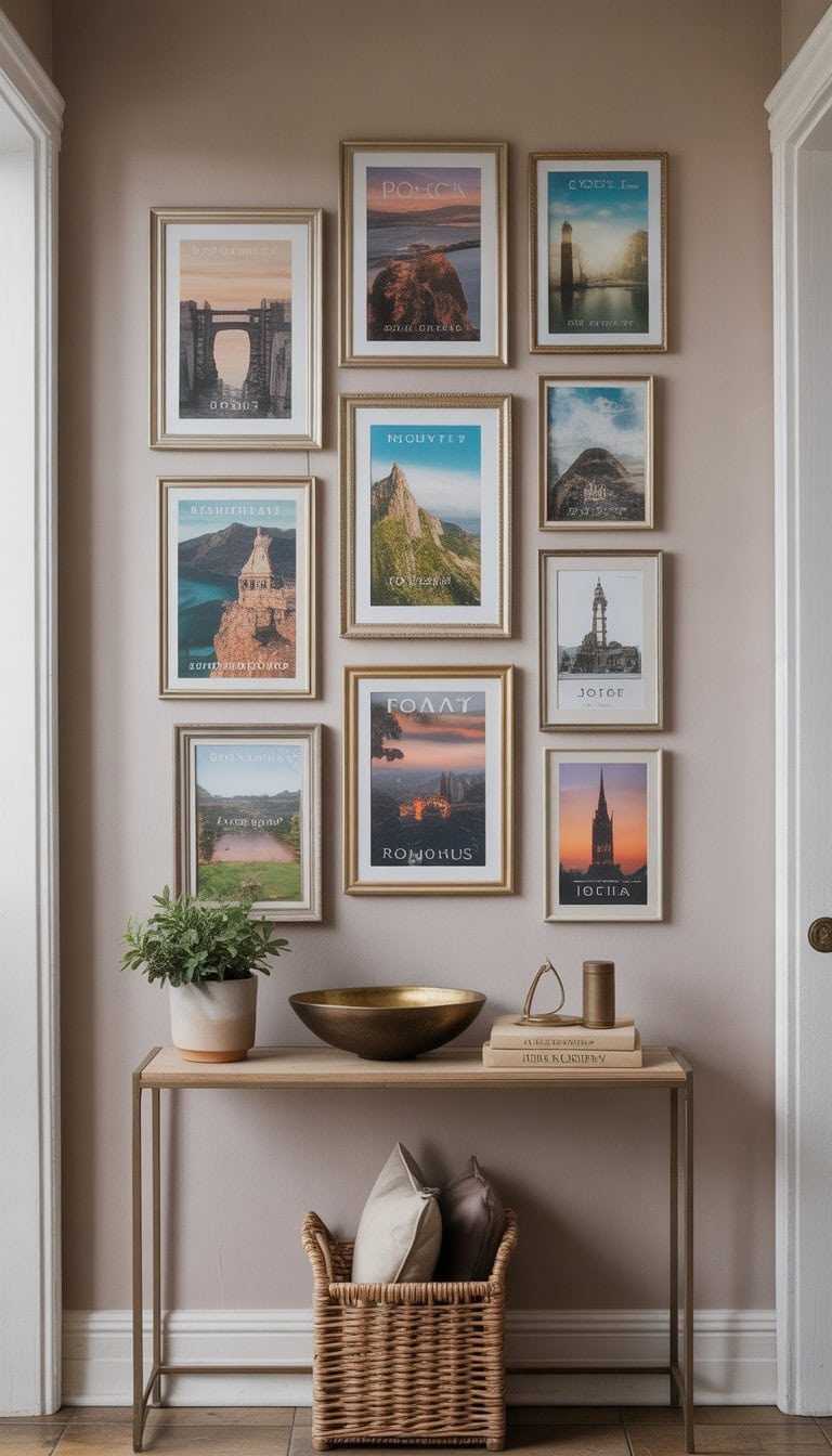 A small foyer entryway with a collection of framed travel postcards displayed on a wall above a console table with decorative items.