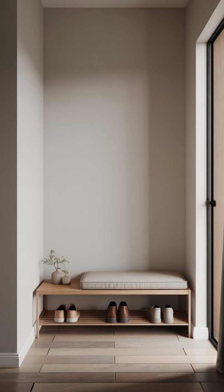 A small entryway with a minimalist shoe bench topped with a cushion against a plain white wall.