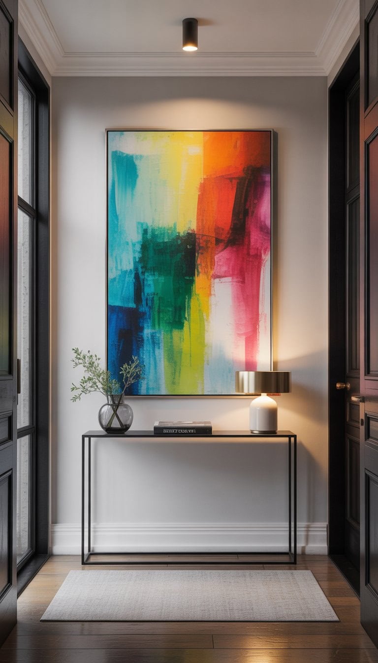 A small foyer with a large colorful abstract painting on a wall, a console table with a vase and lamp, and natural light filling the space.