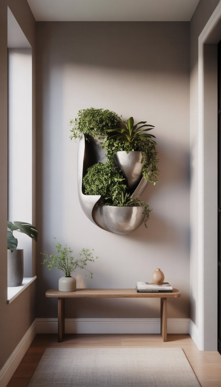 A small foyer with a sculptural wall-mounted planter holding green plants above a wooden console table with decorative items.