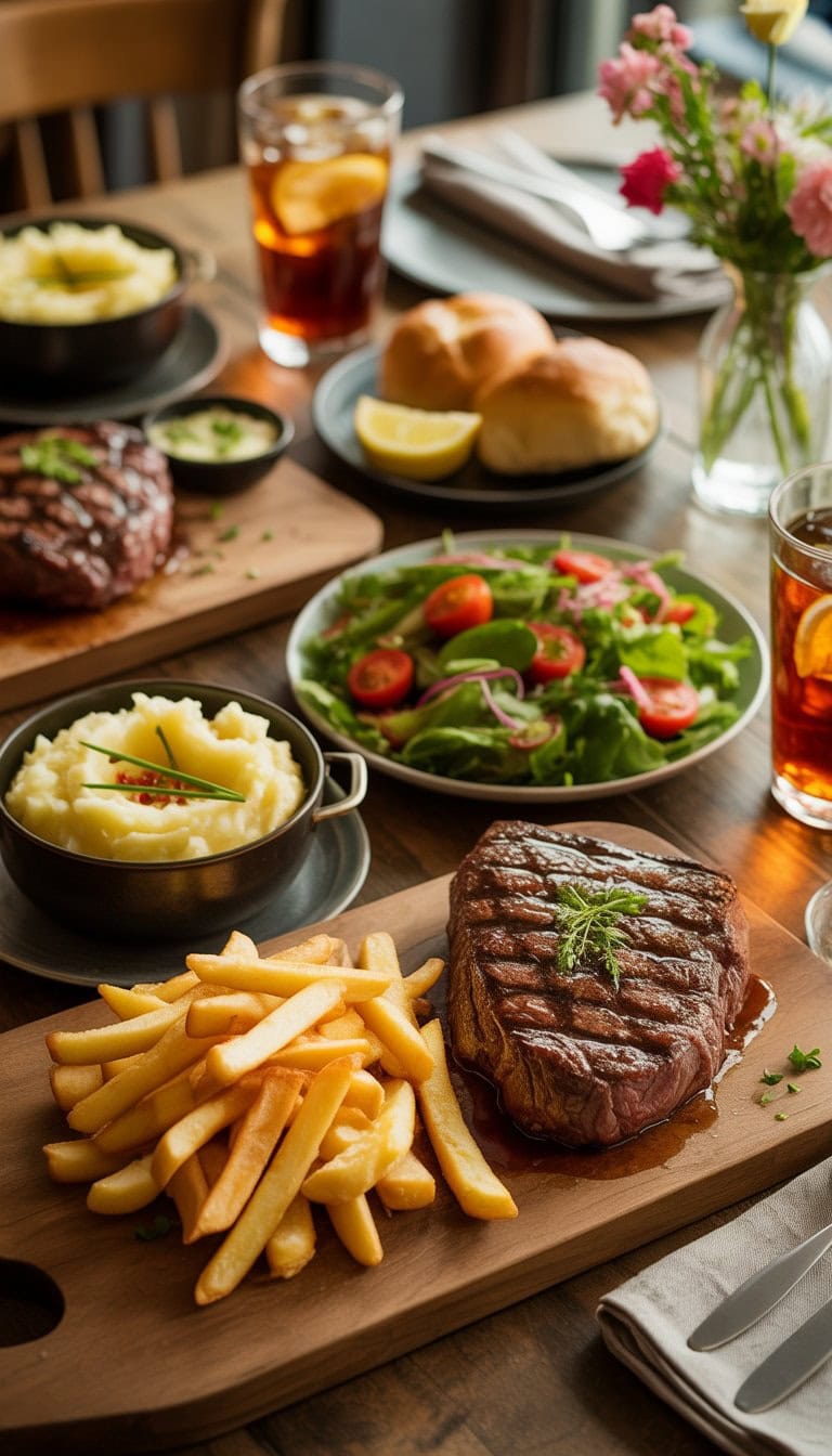 A dining table set with a grilled steak, crispy fries, fresh salad, mashed potatoes, bread rolls, and a glass of iced tea.