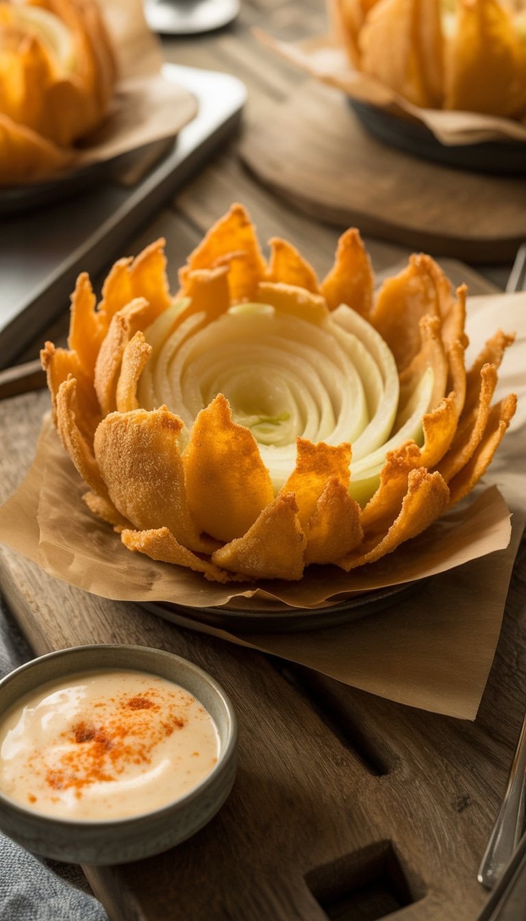 A crispy Bloomin' Onion appetizer with dipping sauce on a wooden table.