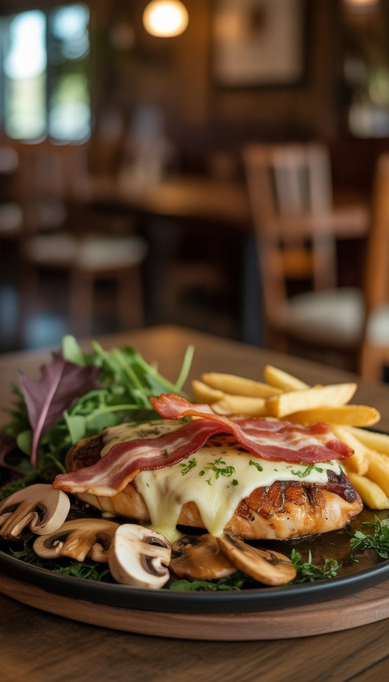 A plated Alice Springs Chicken dish with grilled chicken topped with cheese, bacon, mushrooms, served with salad and fries on a wooden table in a warm restaurant setting.