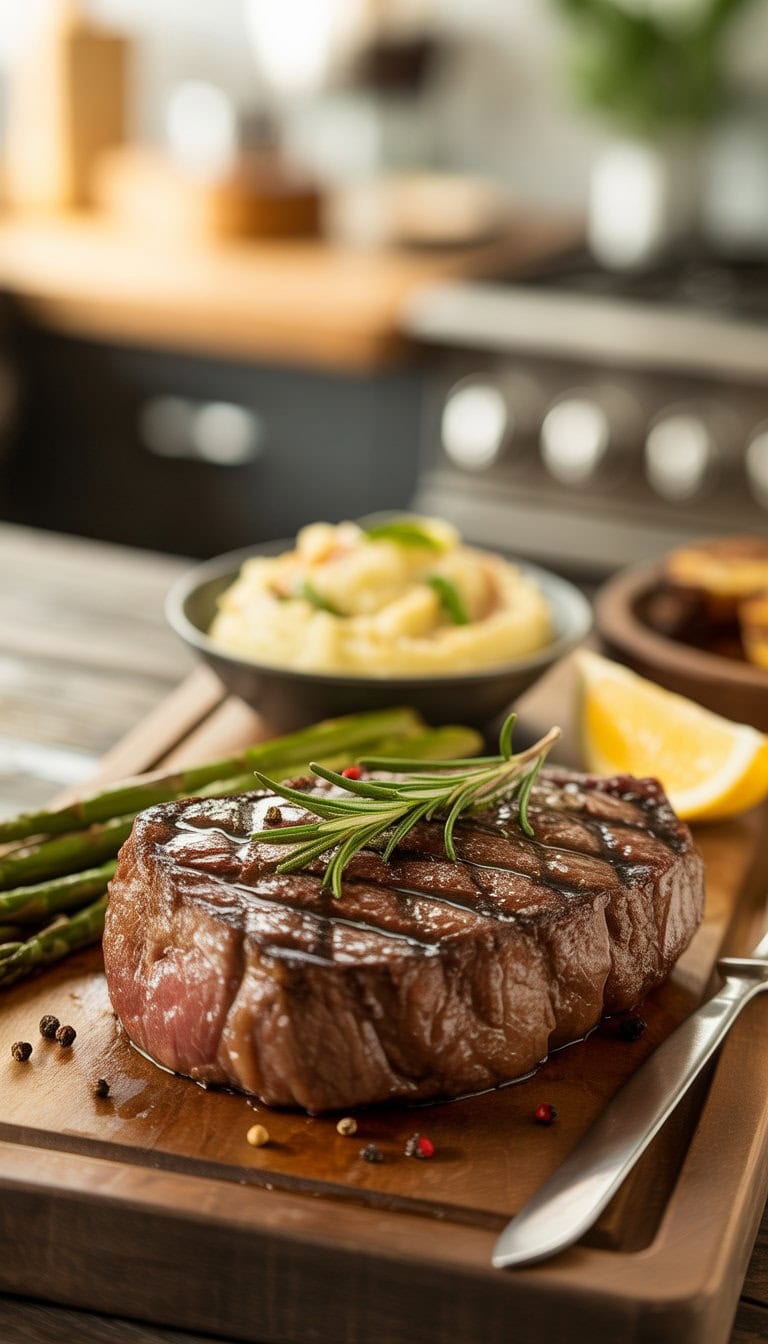 A grilled top sirloin steak on a wooden cutting board with rosemary, mashed potatoes, grilled asparagus, and a lemon wedge.