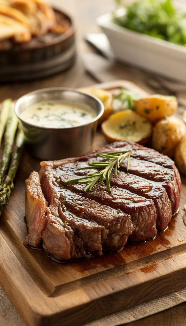 A juicy ribeye steak on a wooden board with garlic butter, rosemary, grilled asparagus, and roasted potatoes.