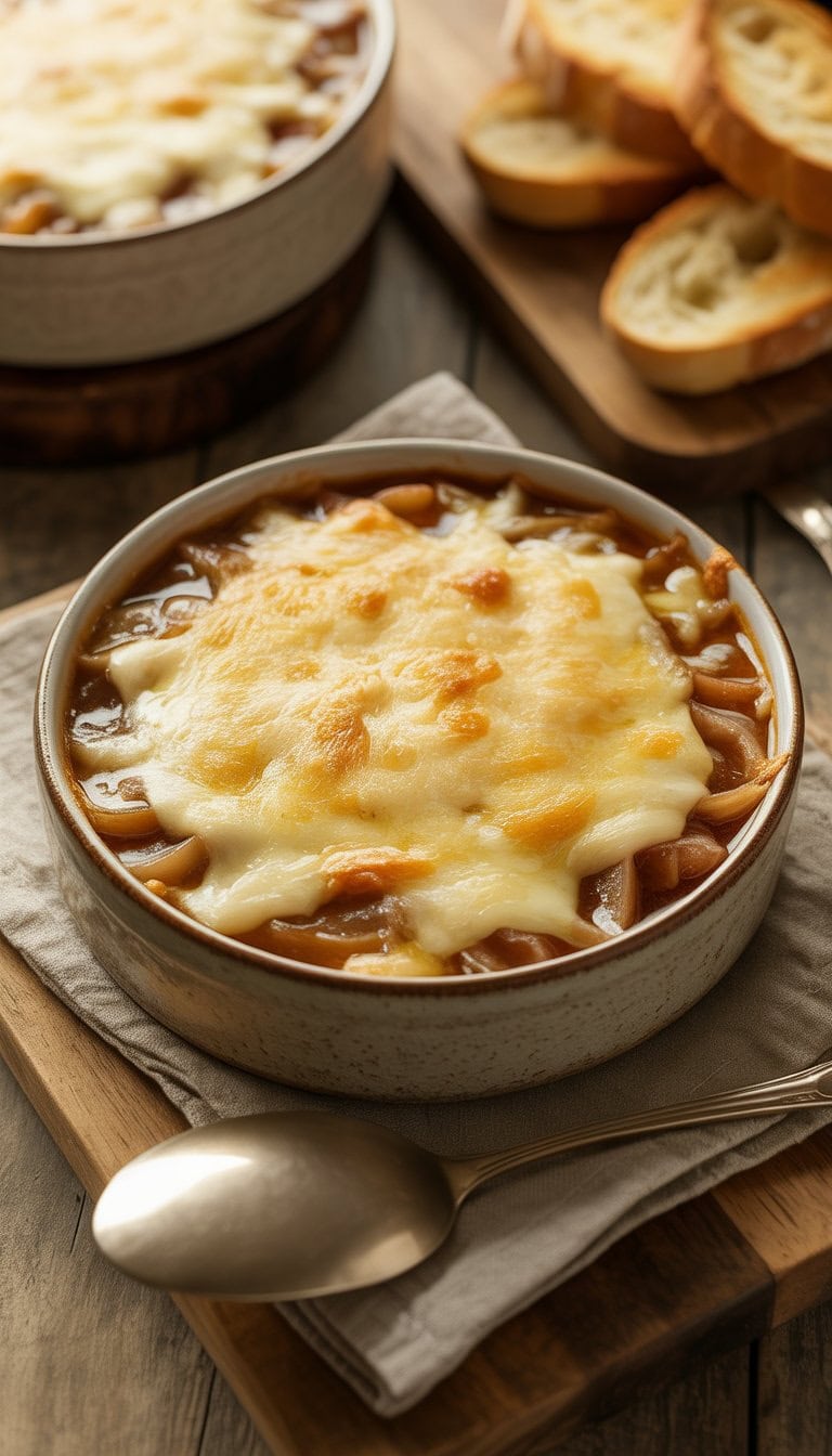 A bowl of cheesy onion soup with melted cheese on top, served with slices of toasted bread on a wooden table.