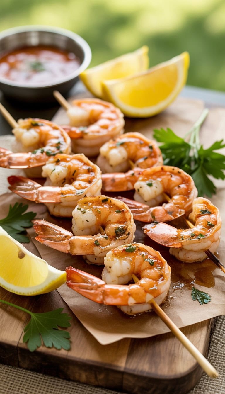 Grilled shrimp skewers on a wooden board with lemon wedges and herbs in an outdoor setting.