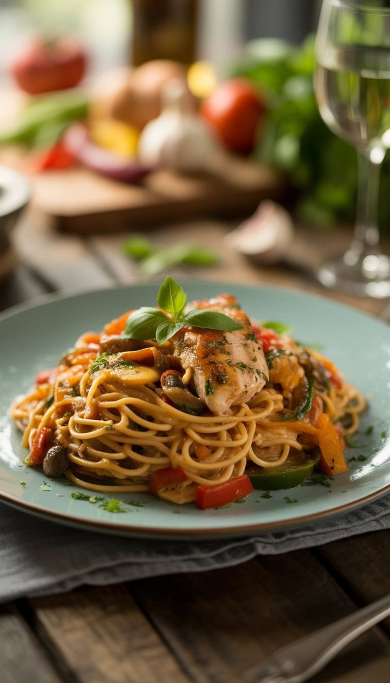 A plated creamy pasta dish with grilled chicken and vegetables on a wooden table in a home kitchen setting.