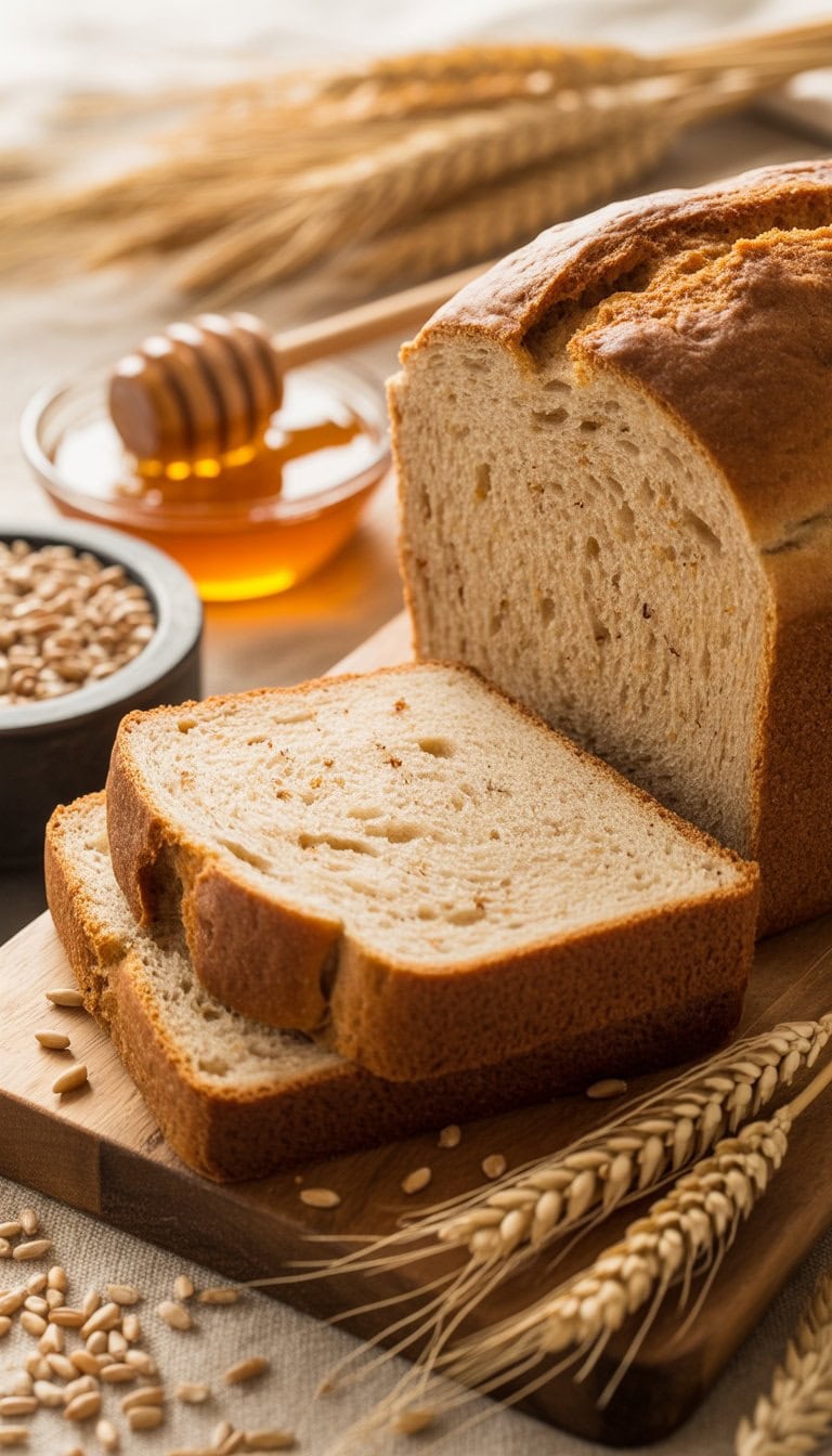 Sliced honey wheat bread on a wooden cutting board with honey, wheat stalks, and whole wheat grains around it.