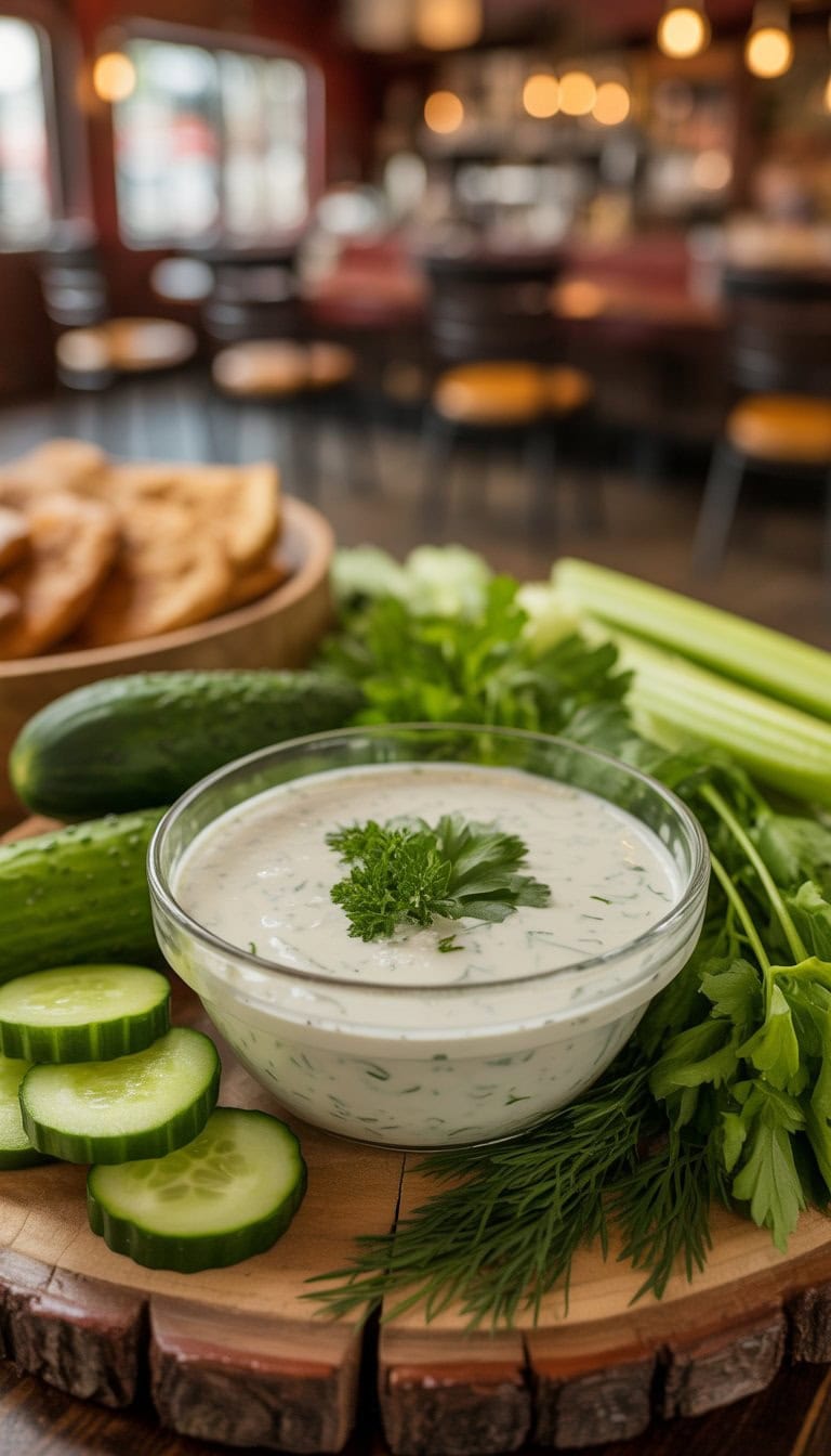 A bowl of creamy ranch dressing surrounded by fresh vegetables on a wooden table.