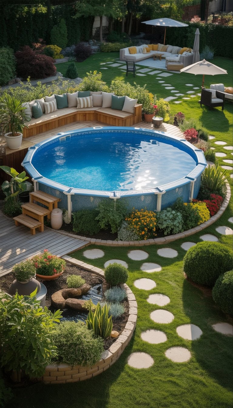 A backyard with an above ground pool surrounded by wooden decking, plants, flowers, stone pathways, and outdoor furniture.