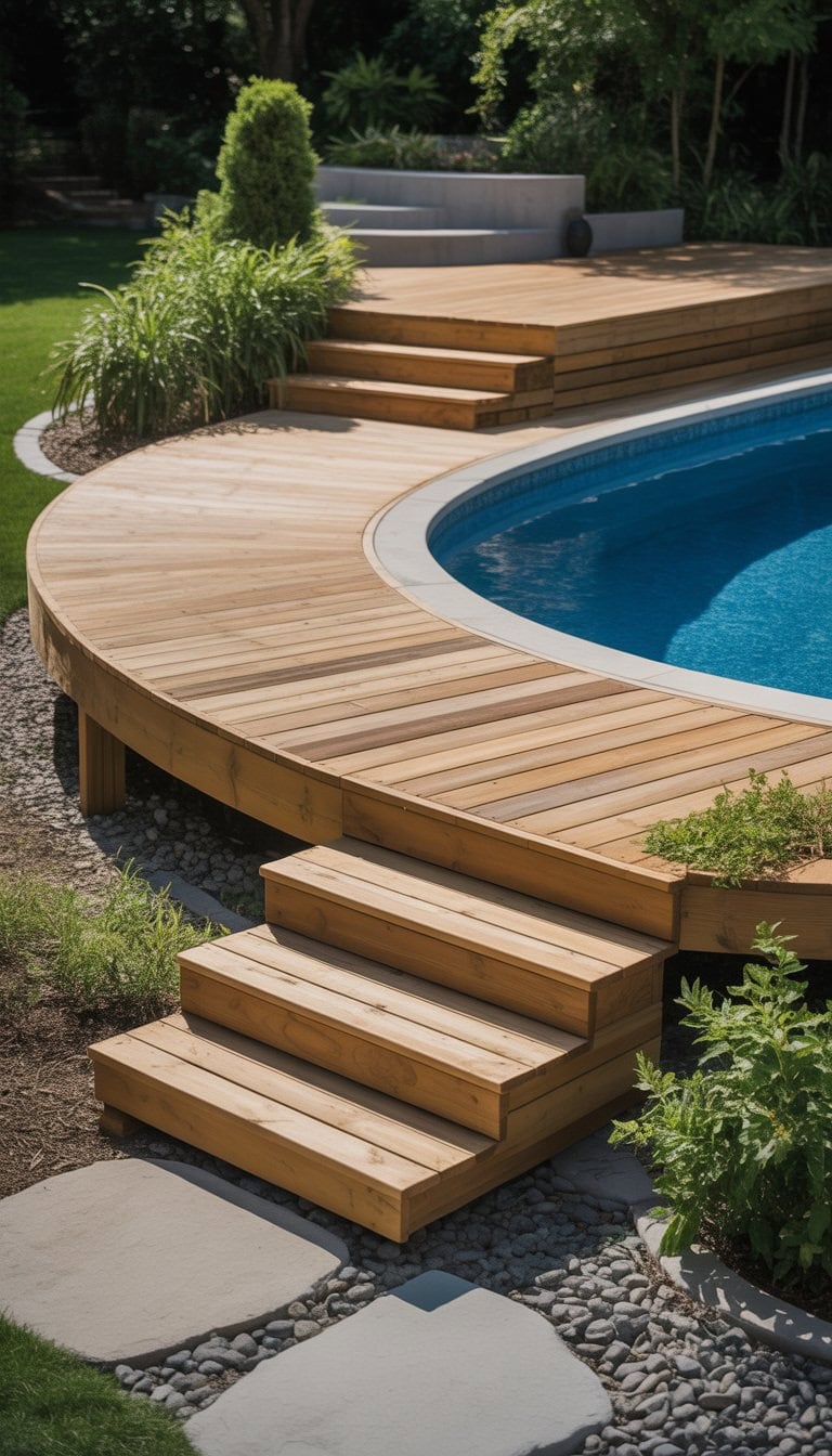 A wooden deck surrounding an above ground pool with clear water and greenery around it in a sunny backyard.