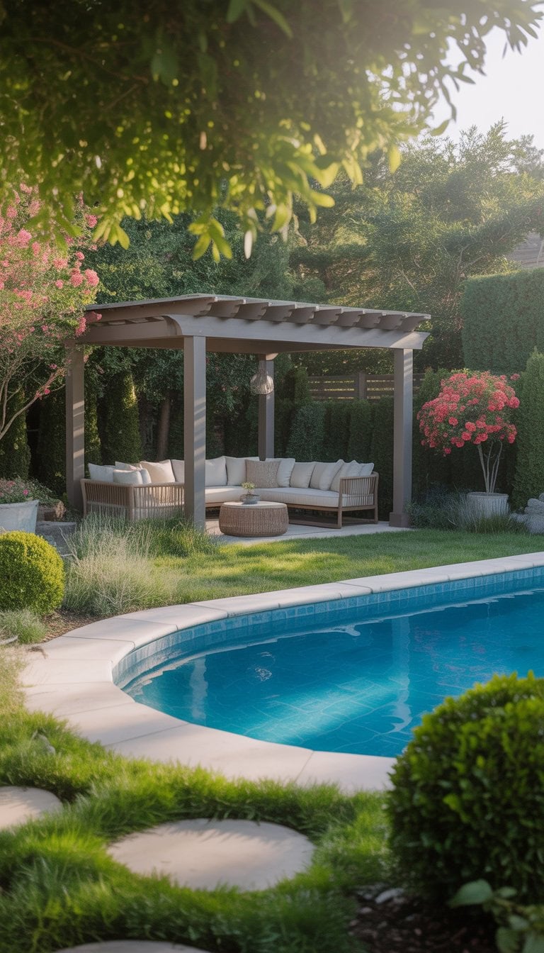 Backyard with an above ground pool next to a shaded pergola surrounded by plants and outdoor furniture.