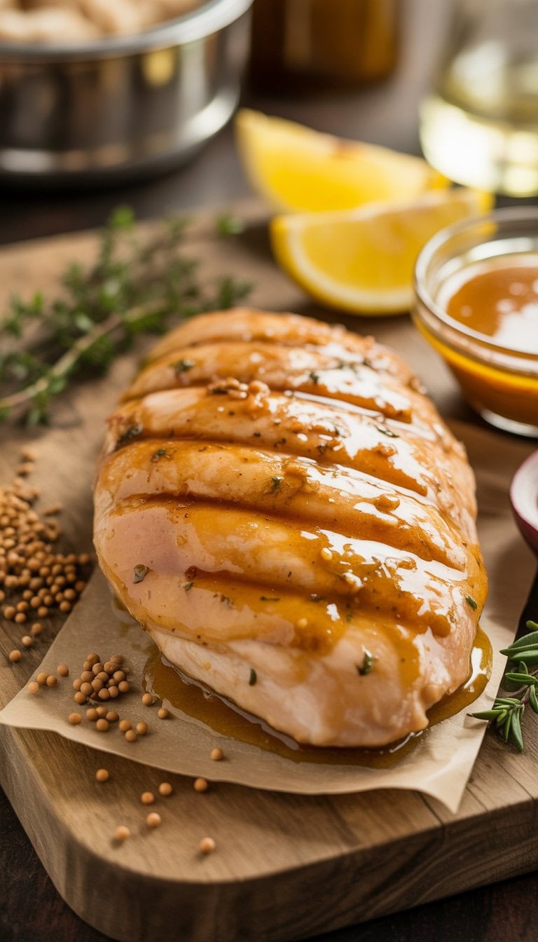 Grilled chicken breast glazed with honey mustard sauce on a wooden cutting board surrounded by fresh herbs, lemon wedges, and a bowl of sauce.
