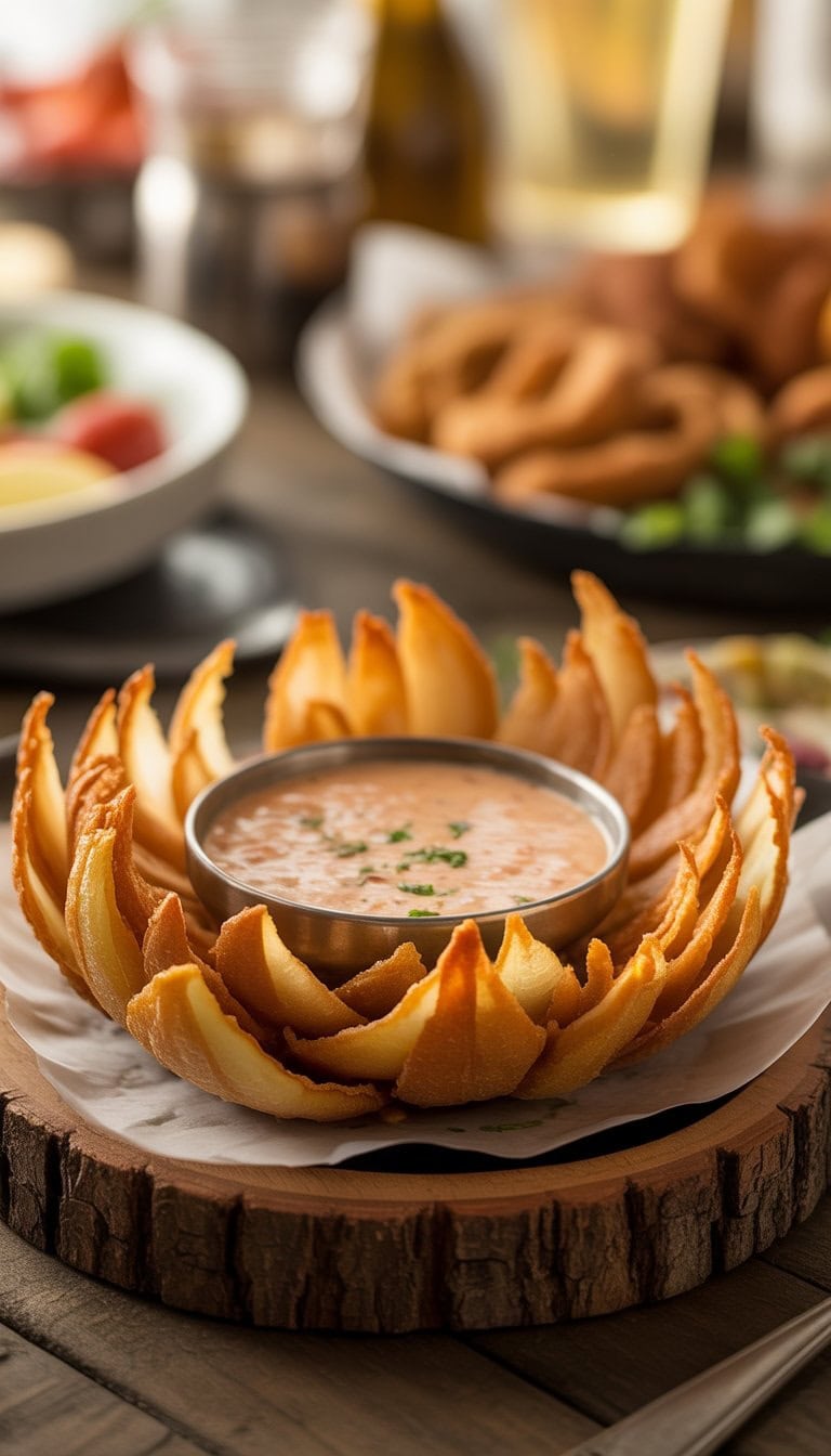 A close-up of a crispy fried Bloomin' Onion with a bowl of creamy dipping sauce in the center on a wooden platter.