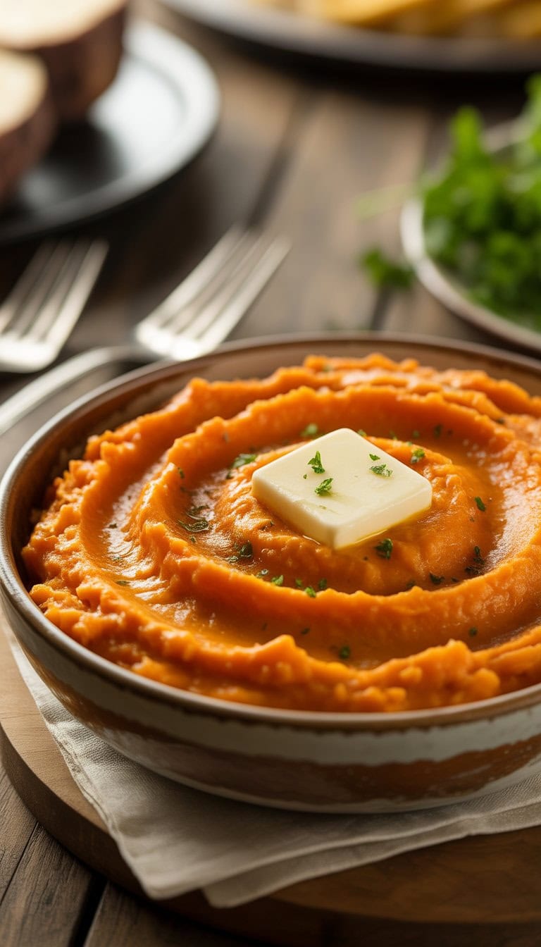 A bowl of creamy mashed sweet potatoes topped with butter and parsley on a wooden table.