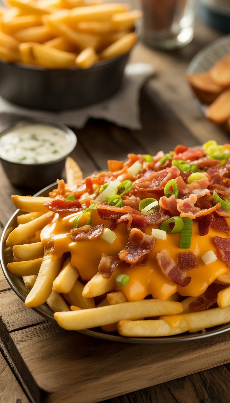 A plate of cheese fries topped with melted cheddar, bacon bits, and green onions, served with a bowl of ranch dressing on a wooden table.