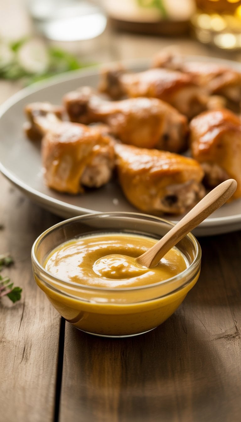 A bowl of honey mustard sauce next to grilled chicken drumsticks on a plate with herbs on a wooden table.