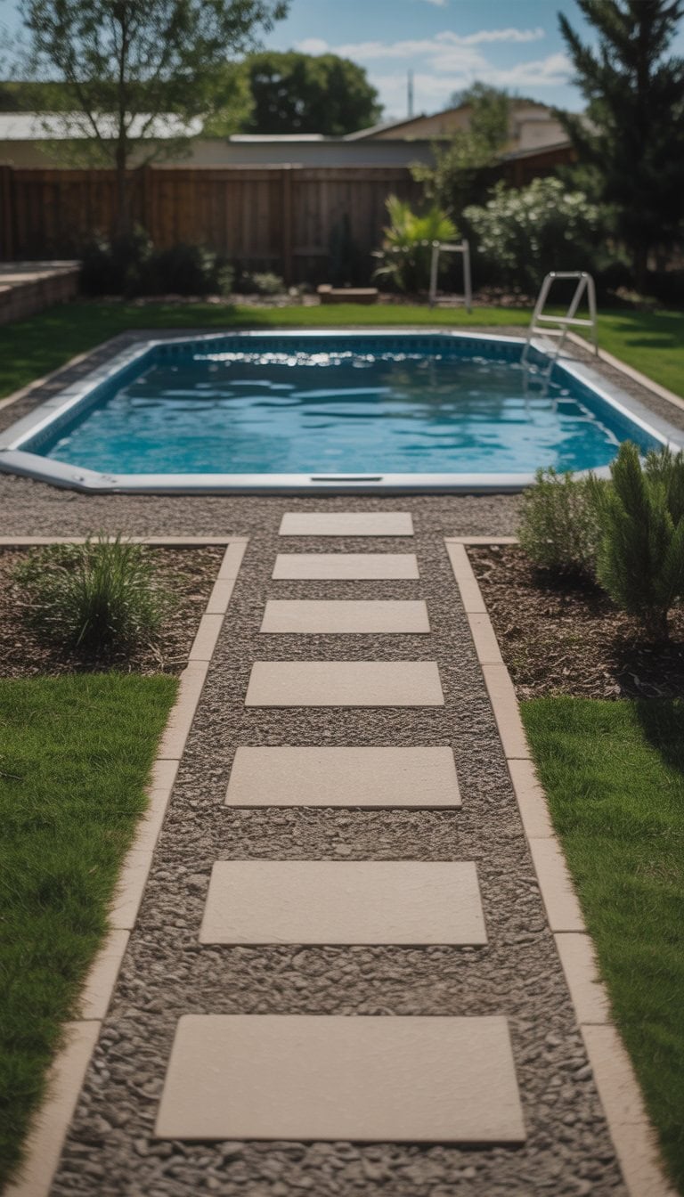 Above ground swimming pool with a gravel and paver walkway surrounded by grass and plants in a backyard.