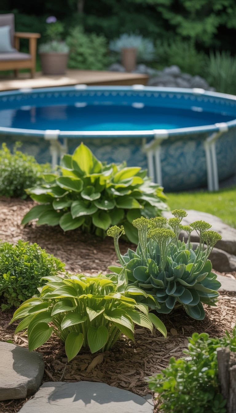 Backyard with an above ground pool surrounded by green hosta plants and sedum bulbs in garden beds.