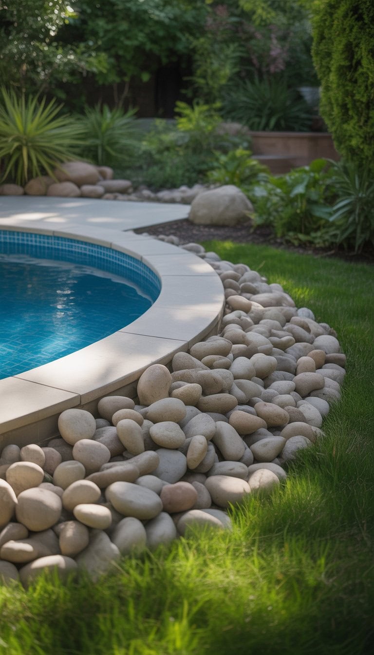 An above ground pool bordered by rounded river rocks in a green backyard with plants and grass.