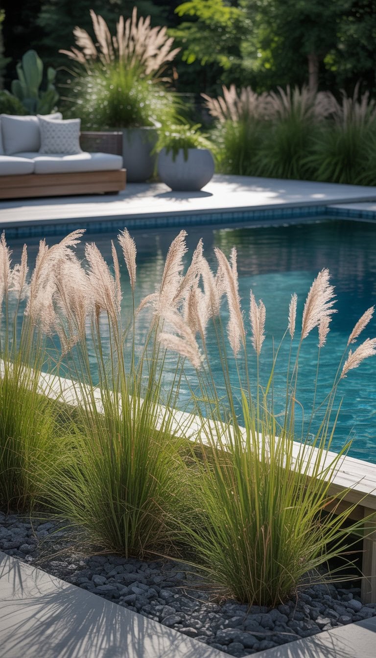 An above ground pool surrounded by tall ornamental grasses and a deck with seating in a sunny outdoor setting.