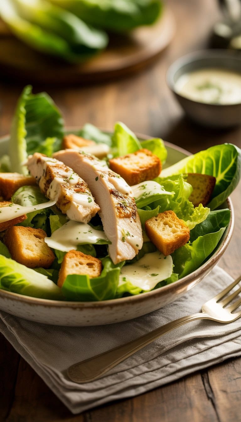 A bowl of Caesar salad with grilled chicken, romaine lettuce, croutons, and Parmesan cheese on a wooden table.