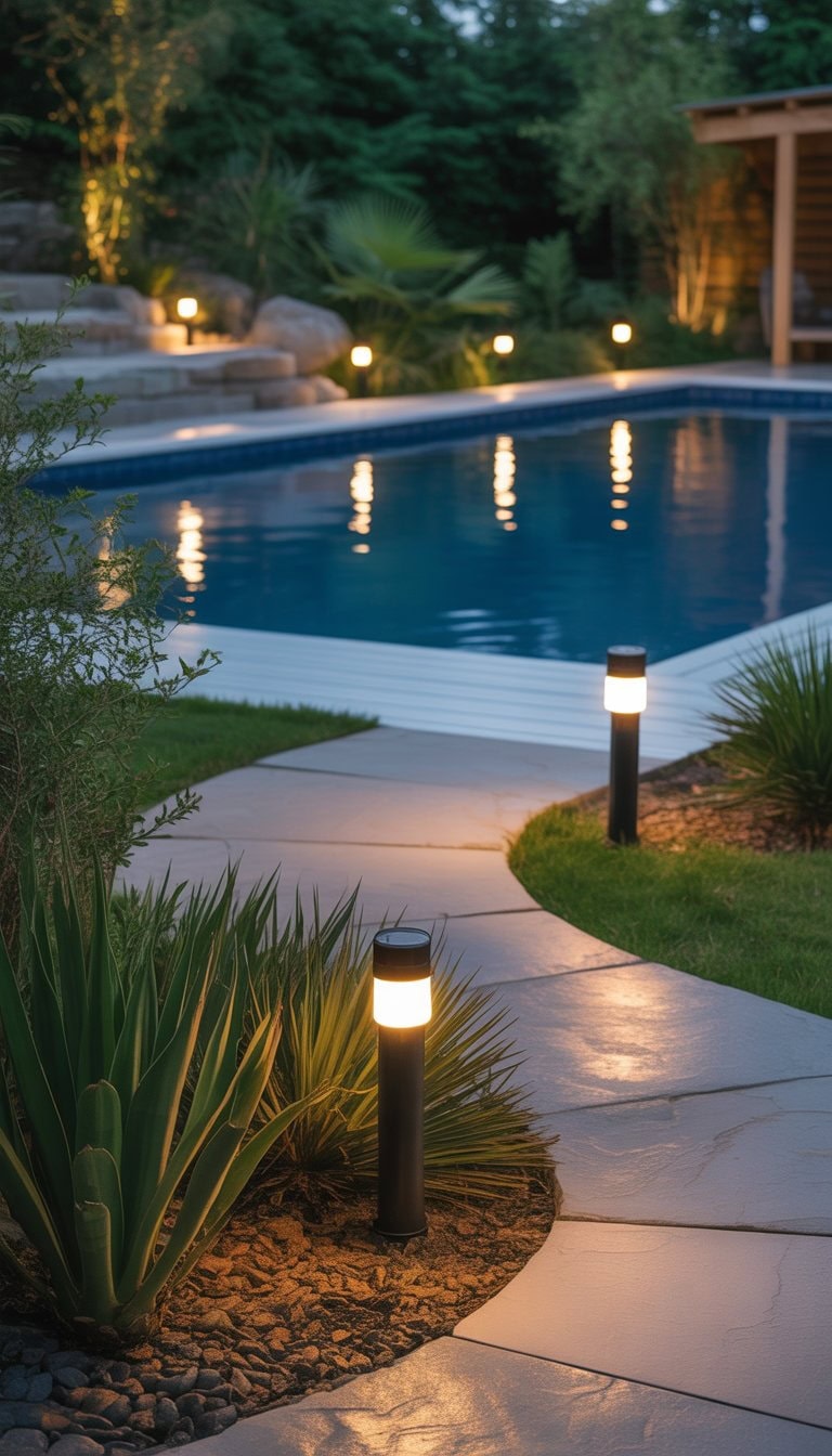 An above ground pool at night surrounded by plants and a garden path lit by solar pathway lights.