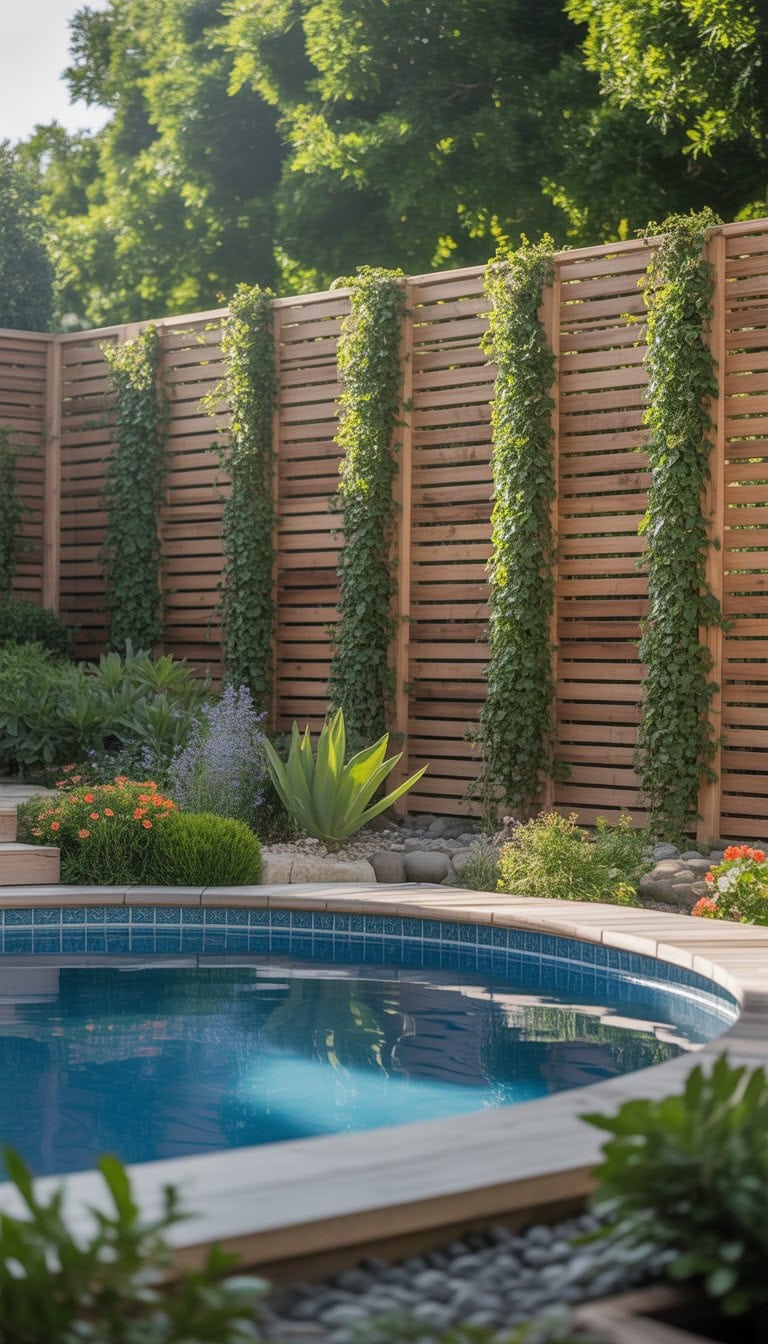 A backyard with an above ground pool surrounded by a wooden lattice privacy screen covered in climbing vines and lush plants.